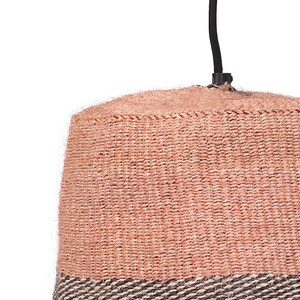 May include: A pink and brown woven pendant light fixture with a black cord.