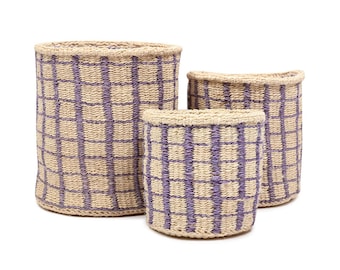 Purple Check Woven Storage Basket