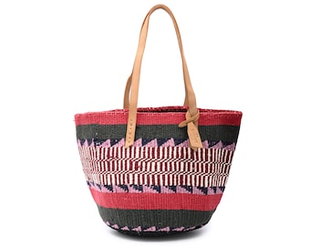 NINYI: Handwoven Red Grey and Pink Wool Tote Bag