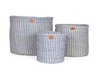 Powder Blue and Natural Pinstripe Woven Basket – Minimalist Sisal Storage Basket for Nursery Decor