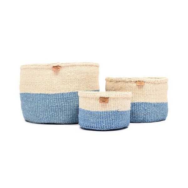 Sky Blue Colour Block Basket. Round Handwoven Sisal Storage Basket.