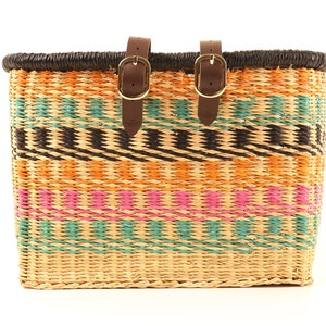 Multi-coloured Rectangular Bike Basket. Handwoven Bicycle Basket with Leather Straps.