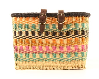 Multi-coloured Rectangular Bike Basket. Handwoven Bicycle Basket with Leather Straps.