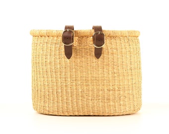 Natural Oblong Bike Basket. Handwoven Bicycle Basket with Leather Straps.