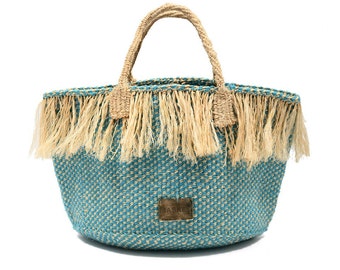 Blue Check Fringed Handbag Purse Basket Bag