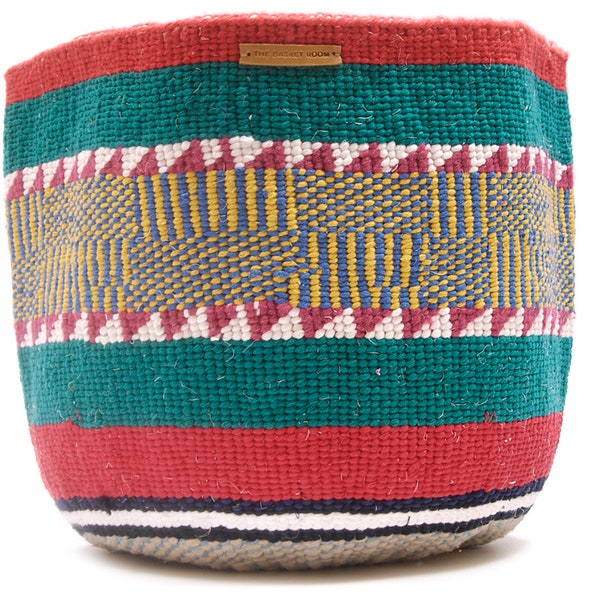 Extra Large Turquoise, Yellow and Pink Hand Woven Chunky Knit Wool Basket | Fair Trade African Storage Basket, Christmas Tree Baskets
