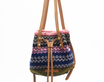 Blue and Pink Wool Backpack. Colourful Unique Basket Bag. Handwoven Gifts for Her