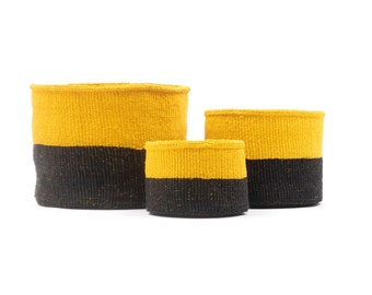 Black & Yellow Basket, Duo Colour Block. Round Handwoven Sisal Storage Basket.