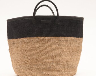 Black and Natural Woven Laundry Basket. Colour Block Sisal and Leather Washing & Linen Basket.