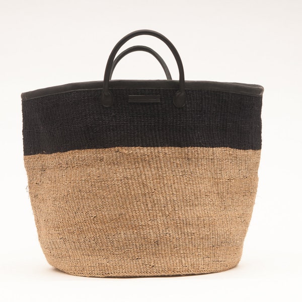 Black and Natural Woven Laundry Basket. Colour Block Sisal and Leather Washing & Linen Basket.