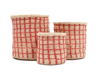 Red Check Woven Storage Basket