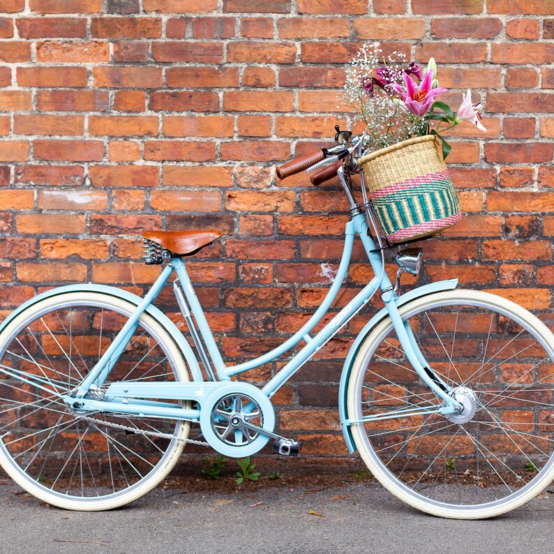 Pink and Turquoise Oblong Bike Basket. Handwoven Bicycle Basket with Leather Straps. image 8