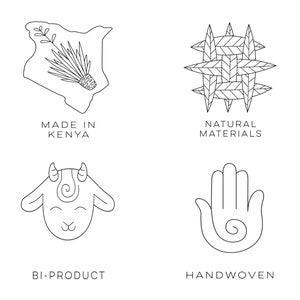 May include: Four black and white line drawings of logos for a handmade goods company. The first logo is a map of Kenya with a plant growing in it and the text "Made in Kenya". The second logo is a woven pattern with the text "Natural Materials". The third logo is a goat's head with the text "Bi-Product". The fourth logo is a hand with the text "Handwoven".