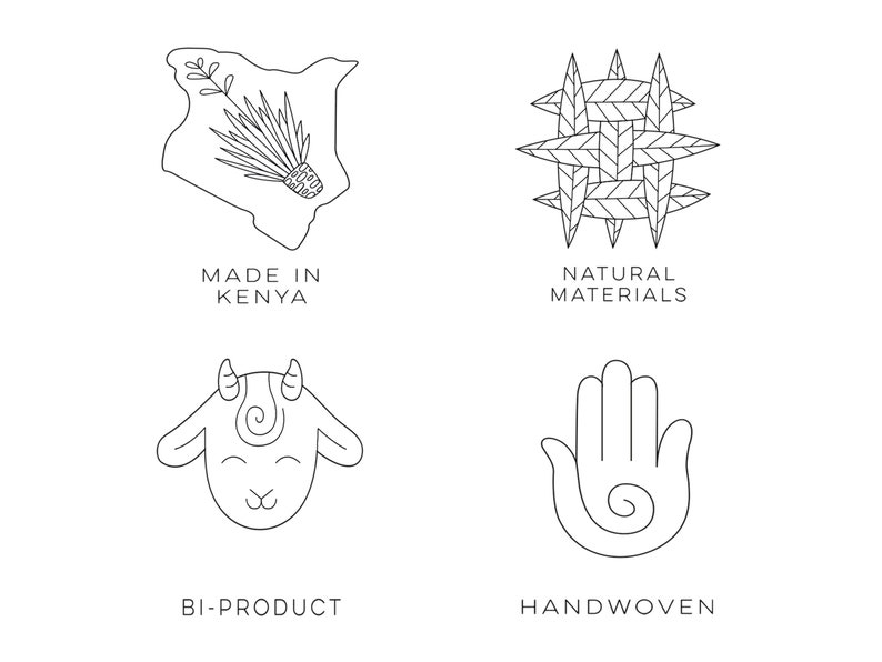 May include: Four black and white line drawings of logos for a handmade goods company. The first logo is a map of Kenya with a plant growing in it and the text "Made in Kenya". The second logo is a woven pattern with the text "Natural Materials". The third logo is a goat's head with the text "Bi-Product". The fourth logo is a hand with the text "Handwoven".