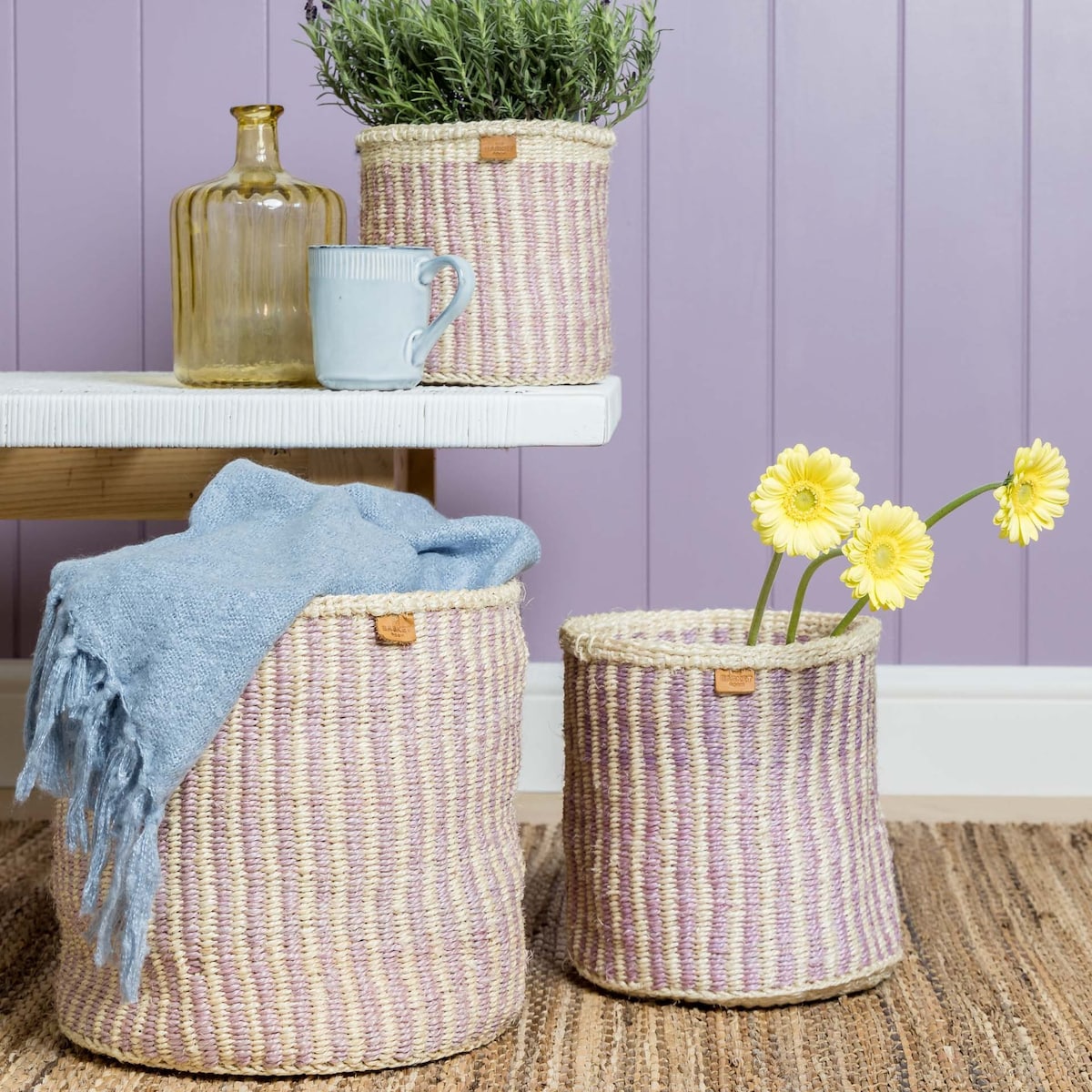Medium - Lavender Pinstripe Woven Storage Basket