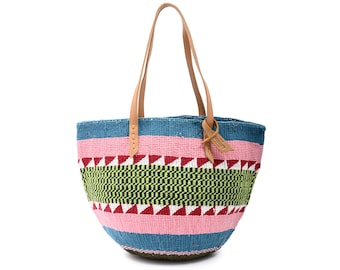 NAWIA: Handwoven Blue Green and Pink  Wool Tote Bag