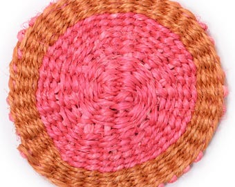 Pink & Orange Sisal Coaster, Colourful Woven Tableware, Drinks Mat For Alfresco Dining, Brunch And Dinner Parties, Weddings.