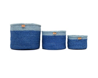 Two Blue Basket, Duo Colour Block. Round Handwoven Sisal Storage Basket.