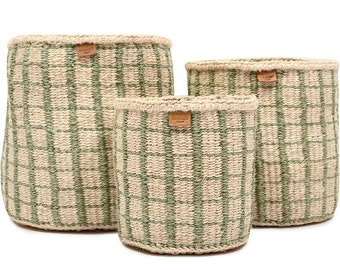 Green Check Woven Storage Basket