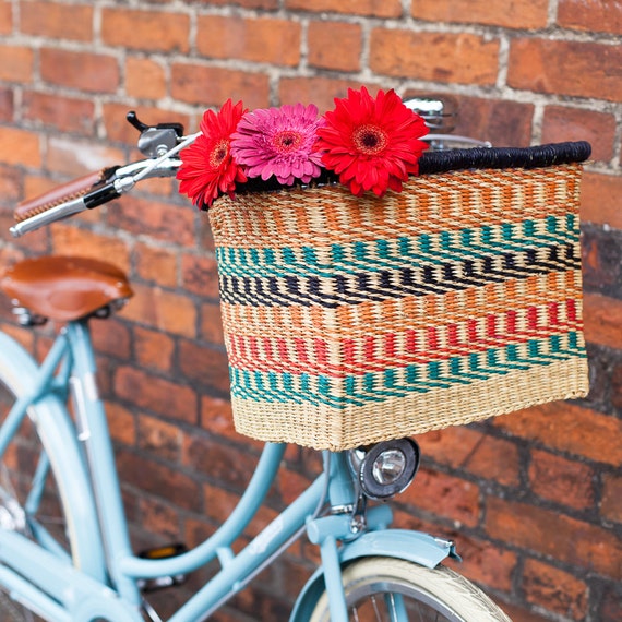 Multi coloured Rectangular Bike Basket. Handwoven Bicycle Basket With Leather Straps. Etsy