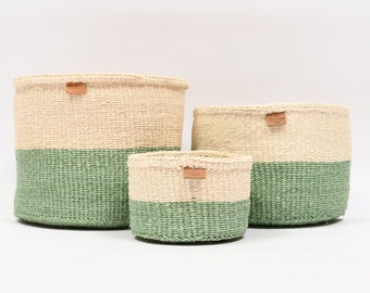 Sage Green Colour Block Basket. Round Handwoven Sisal Storage Basket.