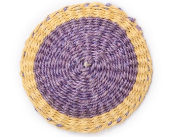 Purple & Yellow Sisal Coaster. Colourful Woven Tableware