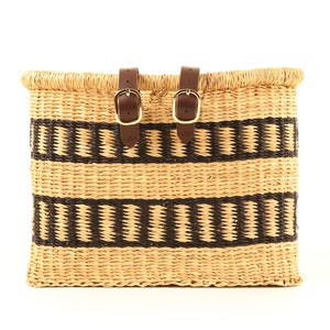 Black Stripe Rectangular Bike Basket. Handwoven Bicycle Basket with Leather Straps.