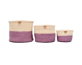 Vintage Pink Colour Block Basket. Round Handwoven Sisal Storage Basket.