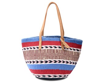 NYUMBANI: Handwoven Blue Red and Maroon Wool Tote Bag