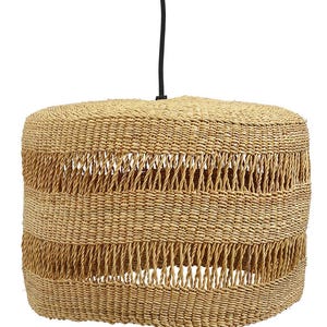 May include: A natural woven pendant light fixture with a round, open-weave design. The light fixture is made of natural materials and has a light brown colour.