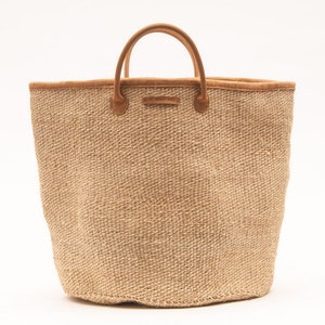 Natural and White Woven Laundry Basket.  Speckled Sisal and Leather Washing & Linen Basket.