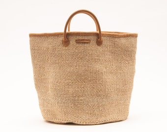 Natural and White Woven Laundry Basket.  Speckled Sisal and Leather Washing & Linen Basket.