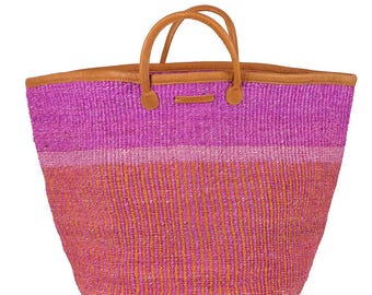 Handwoven Sisal Laundry Basket, Pink Orange Stripe, Leather Handles
