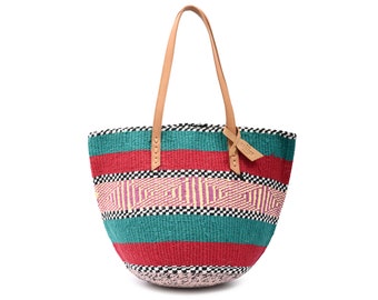 NGOJA: Handwoven Turquoise Red and Yellow Wool Tote Bag