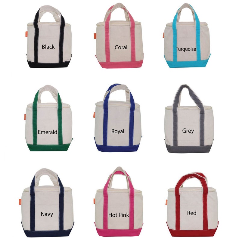 May include: Nine canvas tote bags with different colored trim. The bags are all white with orange handles and a small orange tag. The trim colors are black, coral, turquoise, emerald, royal blue, grey, navy, hot pink, and red.