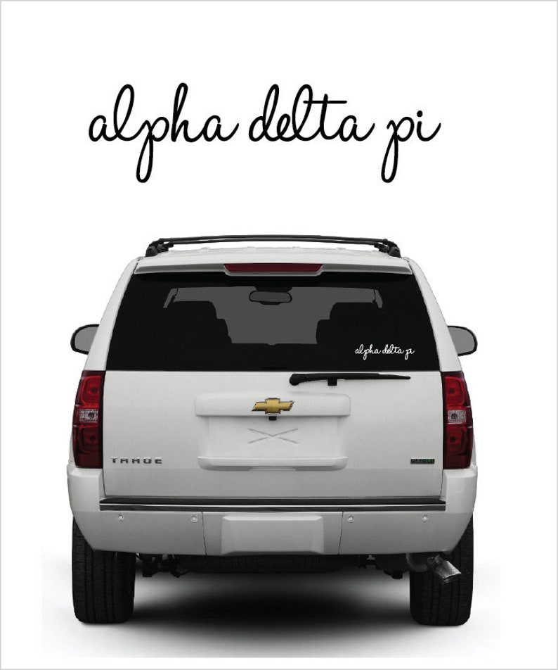 Alpha Delta Pi // A D Pi // Sorority Vinyl Car Window Decal cursive // Laptop Decal // Greek Letters Sticker Decal image 1