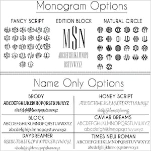May include: A chart showing different monogram and name only font options for a personalized item. The options include Fancy Script, Edition Block, Natural Circle, Brody, Block, Daydreamer, Honey Script, Caviar Dreams, and Times New Roman.