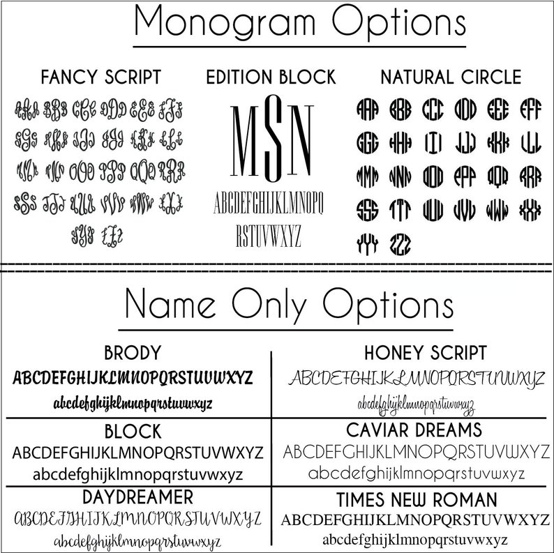 May include: A chart showing different monogram and name only font options for a personalized item. The options include Fancy Script, Edition Block, Natural Circle, Brody, Block, Daydreamer, Honey Script, Caviar Dreams, and Times New Roman.