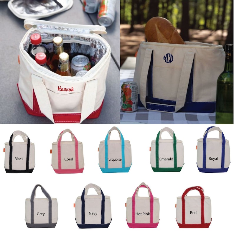 May include: A set of 10 insulated tote bags in various colors. The bags are made of canvas with a contrasting colored trim. The bags are all the same size and have a zippered top closure. The bags are perfect for carrying food and drinks to picnics, sporting events, or other outings.