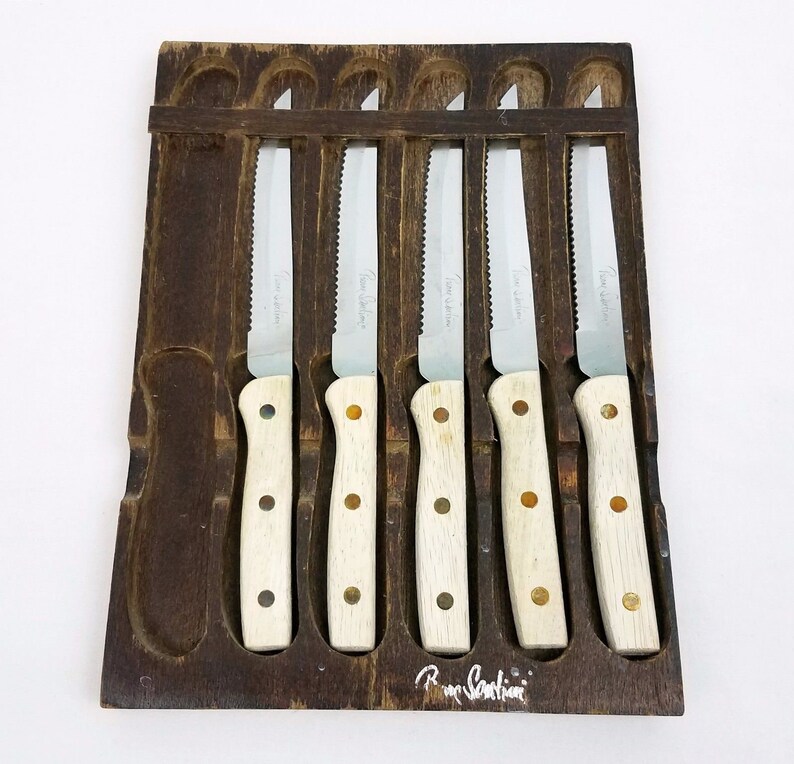 Vtg Pierre Santini Gourmet Cutlery Knives 2 Sets Chef Carving Steak Wood Racks