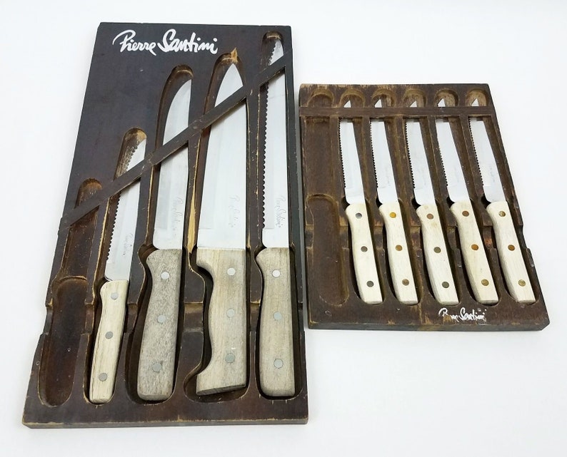Vtg Pierre Santini Gourmet Cutlery Knives 2 Sets Chef Carving Steak Wood Racks