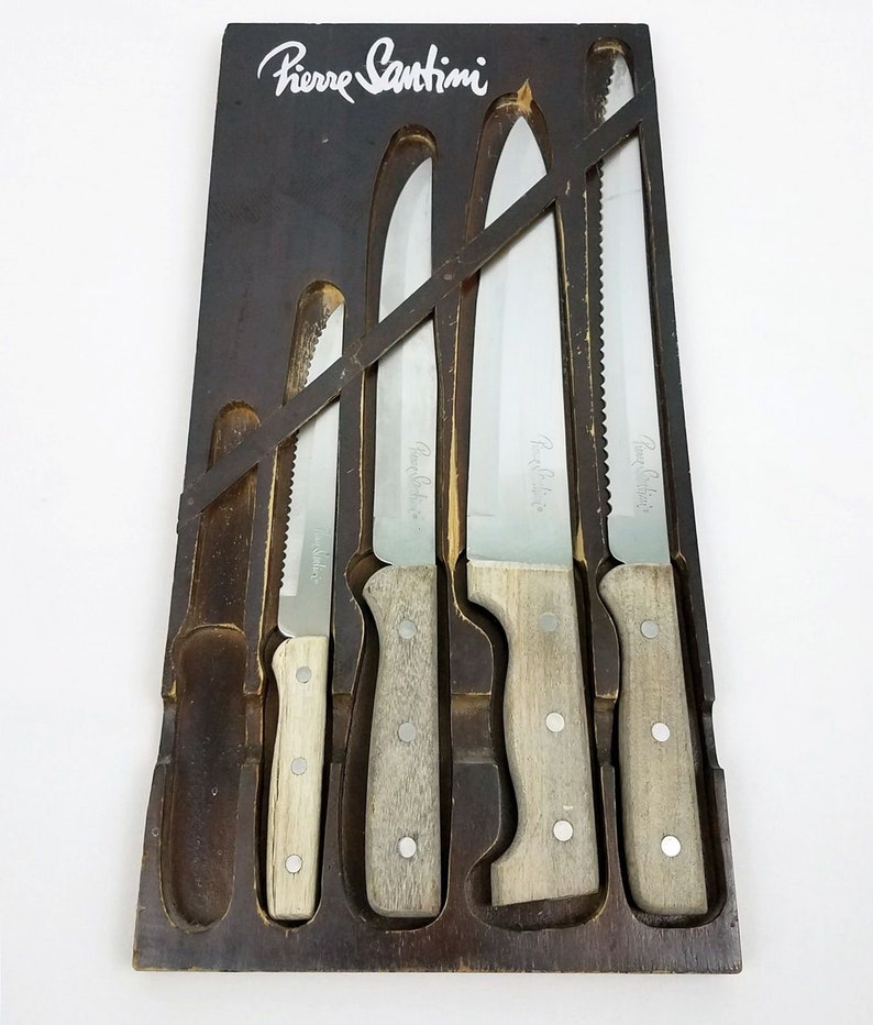 Vtg Pierre Santini Gourmet Cutlery Knives 2 Sets Chef Carving Steak Wood Racks