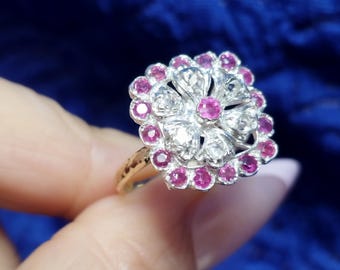 Anillo de cóctel vintage de rubí con talla floral, estilo Art Déco victoriano, piedras preciosas auténticas, regalo para ella.