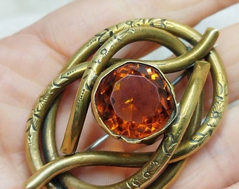 Large Garnet brooch Victorian era love knot orange English jewelry Scottish handmade rare collectible antique garnet jewelry