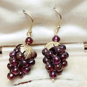 Red Garnet Dangle Earrings Grape Clusters Silver Vintage Genuine Garnet Handmade Renaissance Etruscan Style Boho Chic Luck
