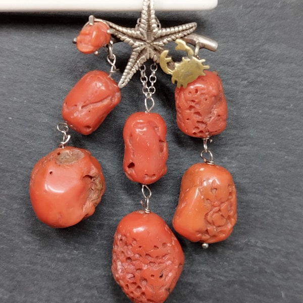 Mediterranean red coral stones ethnic vintage rough silver pendant tropical marine style handcrafted unique piece cluster pendant