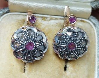 Antique dormeuse earrings gold silver rose cut diamonds old mine pink sapphire handmade grandmother's jewelry Italy patch