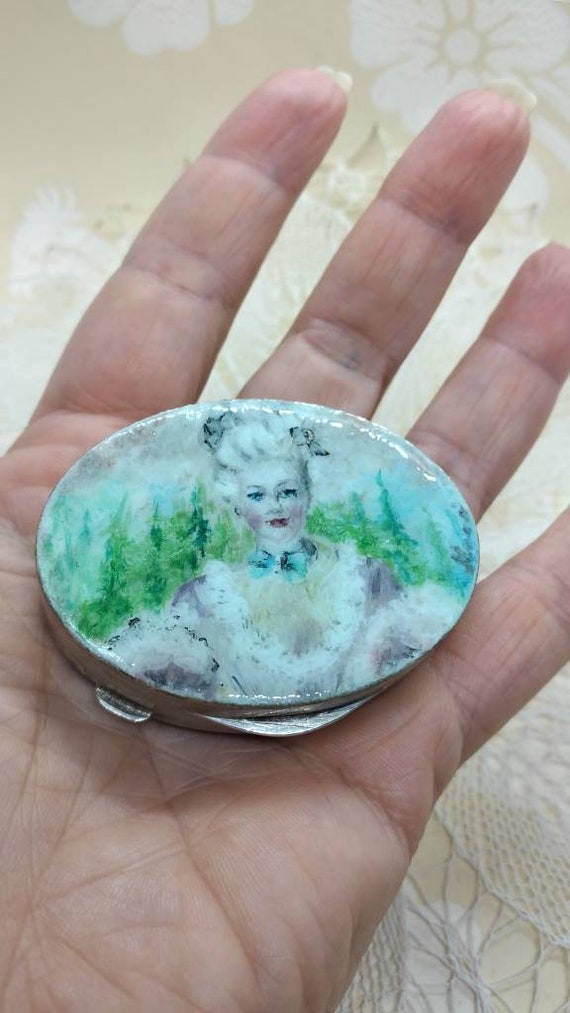 Silver box miniature enamels vintage portrait lady