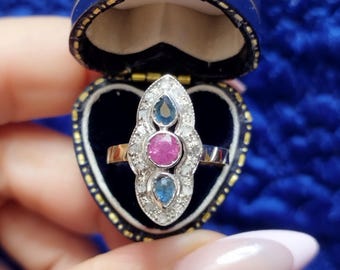Anel vintage Art Déco com safira lapidada em marquise e rubi, estilo vitoriano, pedras preciosas genuínas, presente para ela.