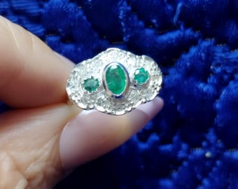 Genuine emerald ring with old-fashioned cut diamonds, Art Deco Victorian style, gift for her